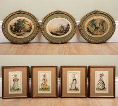 Four Costume Normand fashion prints framed and glazed, 19cm x 11.5cm together with three Le