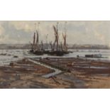 John Neale (20th century) Spritsail barges at Pin Mill, Suffolk, oil on board, signed lower left,