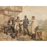 19th century French school Soldiers and villagers during Franco Prussian war, watercolour, dated