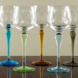 A set of ten Hock glasses with cut glass bowls on various coloured stems, 19cm high (10)Some surface