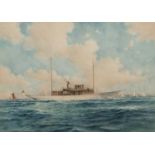 John Millington (1891-1948) Steam powered schooner with yachts, watercolour, signed lower right,