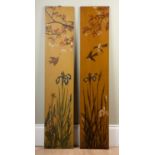 Two Arts and Crafts painted wall panels, decorated with birds flanked by foliage, 23cm wide x