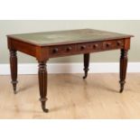 A mahogany writing table with green leather top over three short drawers, on chunky, fluted column