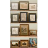 A collection of pictures to include; C Morris, landscape with a shepherd, oil on board, frame and