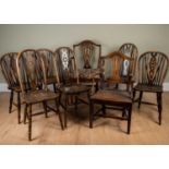 Two sets of three oak spindle back side chairs, 37cm wide x 44cm deep x seat hight 45cm together