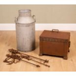 An aluminium milk churn, 73cm high; together with a cast iron coal box with ring handles, 46cm