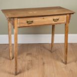 A pine side table with single drawer on square tapering supports, 91cm wide x 51cm deep x 75cm