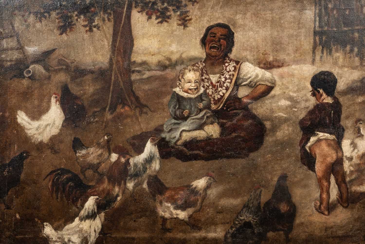 20th Century School, A mother and her children in a farmyard with a group of chickens, oil on - Image 3 of 3