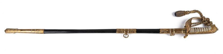 A naval dress sword with brass and leather scabbard and original canvas case, 95cm longSome slight