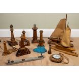 Eight various nautical novelty table lamps, and a thermometer, a barometer and a part wall light,