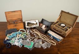A collection of jewellery and costume items, to include a bar brooch set with blue stone and seed