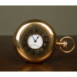 A Victorian 18ct gold cased half hunter pocket watch, the case with black embossed roman numerals,