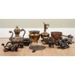 A collection of Asian metalware to include a copper and brass coffee pot with embossed decoration