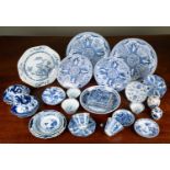 A collection of modern blue and white patterned ceramics to include a kidney shaped lidded dish; tea