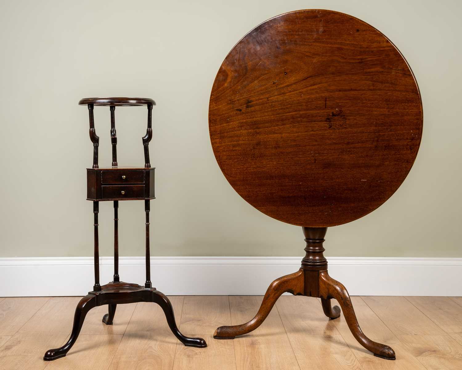 A George III mahogany plant stand with two drawers and turned supports, 53cm wide x 53cm deep x 83cm