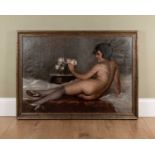A 20th century portrait of a stocking clad lady in bed, oil on canvas, signed 'Menard', framed and