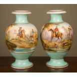 A pair of 19th century baluster vases with painted scenes of riders and dogs hunting in a rural