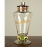 An unusual glass cocktail shaker, with engraved gilt fighting cockerels and decorative coloured