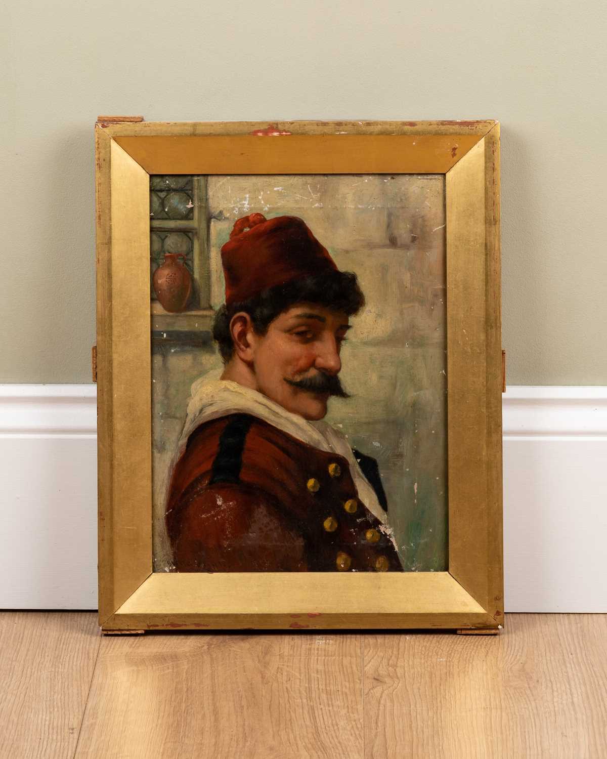 A portrait of a man in a fez, oil on canvas, signed indistinctly to the lower left, framed, 29.5cm x - Image 2 of 4