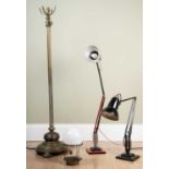 Two Anglepoise lamps and a 19th century brass adjustable standard lamp, the standard lamp 125cm in
