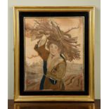 Early 19th century embroidery silk-work picture, man gathering sticks, framed, 38 x 47cmSome