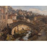 20th century Continental school, a town view with river in foreground, oil on canvas, signed and