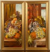 A pair of still lifes, oil on board, signed to the lower left, framed, 19cm x 46.5cm (2)In good