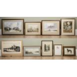 A group of 20th century watercolours and etchings to inlclude a river view by Ken Messer; a