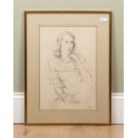 A pencil sketch portrait of a young woman, signed with initials 'BP', 45cm x 30cm;In good