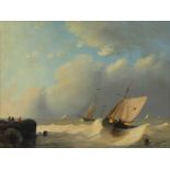 M * Joosten Fishing vessels at sea off a pier, signed, oil on panel, 16.5 x 22.5cm