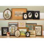 A group of decorative pictures and silkworks to include; a small oil painting by Caroline Leeds,