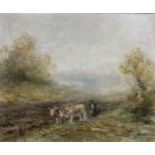 R * Portais (?) Landscape with oxen and plough, inscribed verso and dated 1951, oil on canvas, 44.