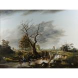 20th century English school An angler fishing from a riverbank with windmill in the distance, signed