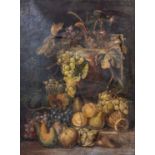 A 19th century school still life painting of fruit on a stone ledge, set within a moulded wooden