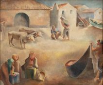John Barber (1898-1965) Coastal dwellings with figures and oxen signed oil on canvas 36.5 x 44.5cm.