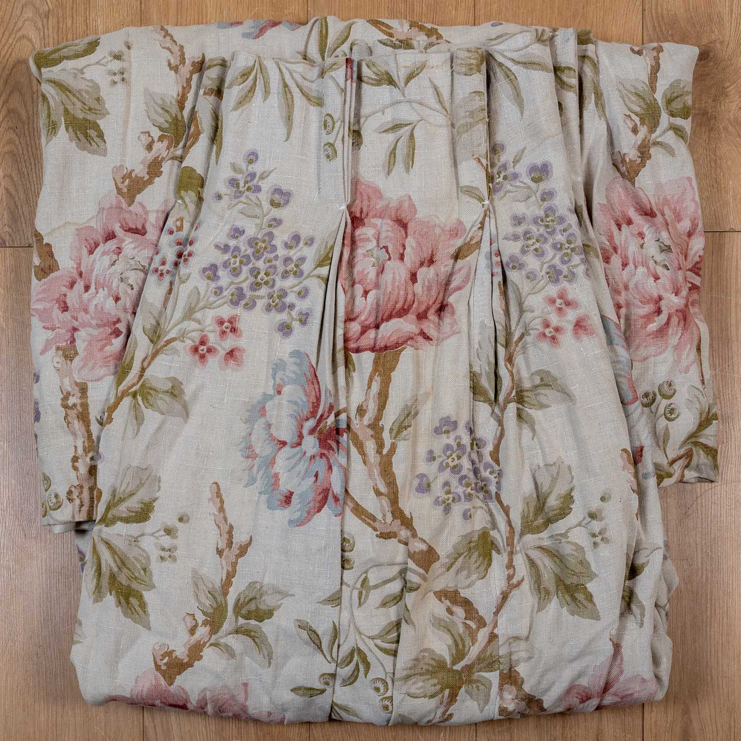 A pair of Ramm, Son & Crocker floral curtains, decorated with the pattern 'Peony Tree', each