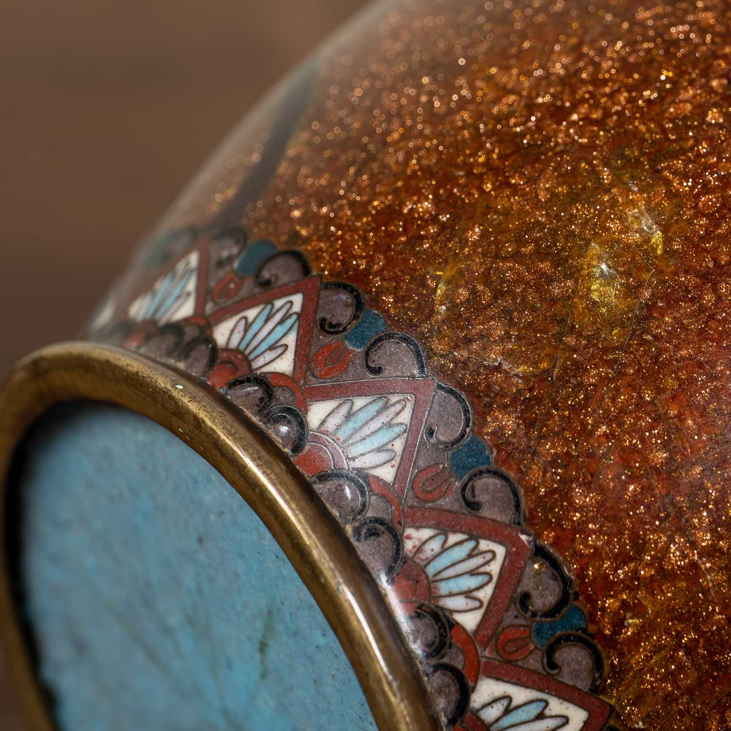 An antique cloisonné vase, the gold ground decorated with birds amongst prunus blossom, 34cm high; - Image 6 of 6