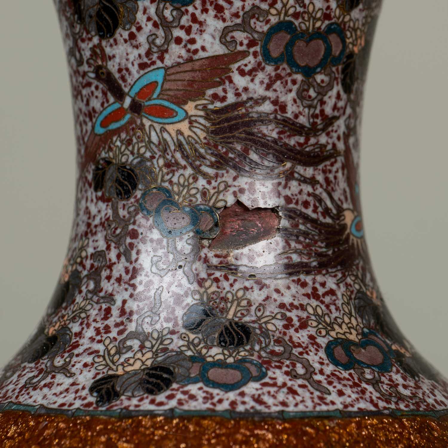 An antique cloisonné vase, the gold ground decorated with birds amongst prunus blossom, 34cm high; - Image 3 of 6