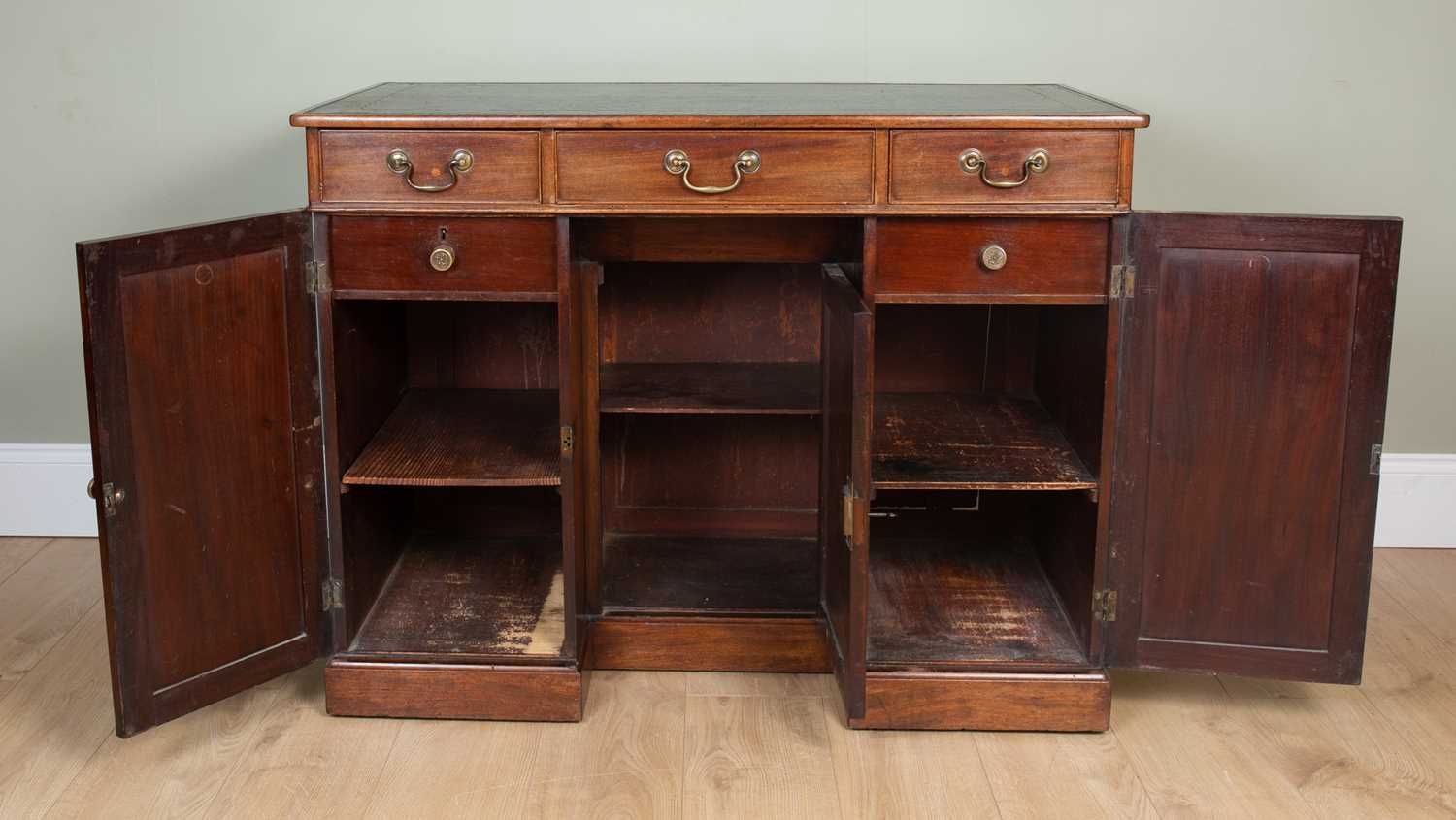 A 19th century mahogany knee hole desk with black leather inset top over two drawers and three - Image 2 of 5