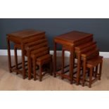 Two similar Chinese nests of four tables, one with carved decoration to the apron and shaped feet,