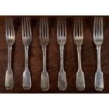 Six Victorian silver table forks by George Adams, each engraved with a crest, five dated 1862, one