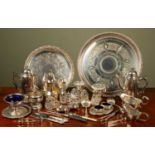 A small group of silver and silver plate: the silver items to include condiments; two butter knives;