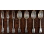 Four George IV silver fiddle pattern dessert spoons, and three matching desert forks, makers mark