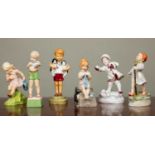 A group of five porcelain figures of children to include two by F Doughty, 'March' and 'December' (