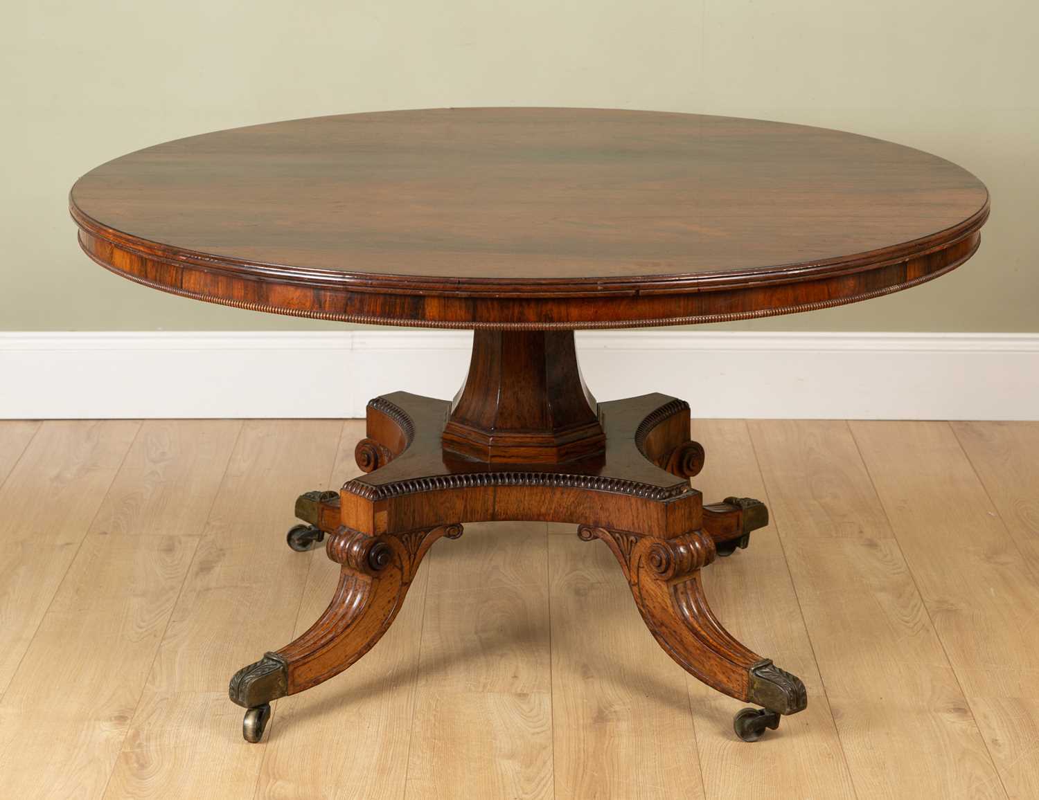 A Victorian rosewood circular tilt-top breakfast table with octagonal central column support and