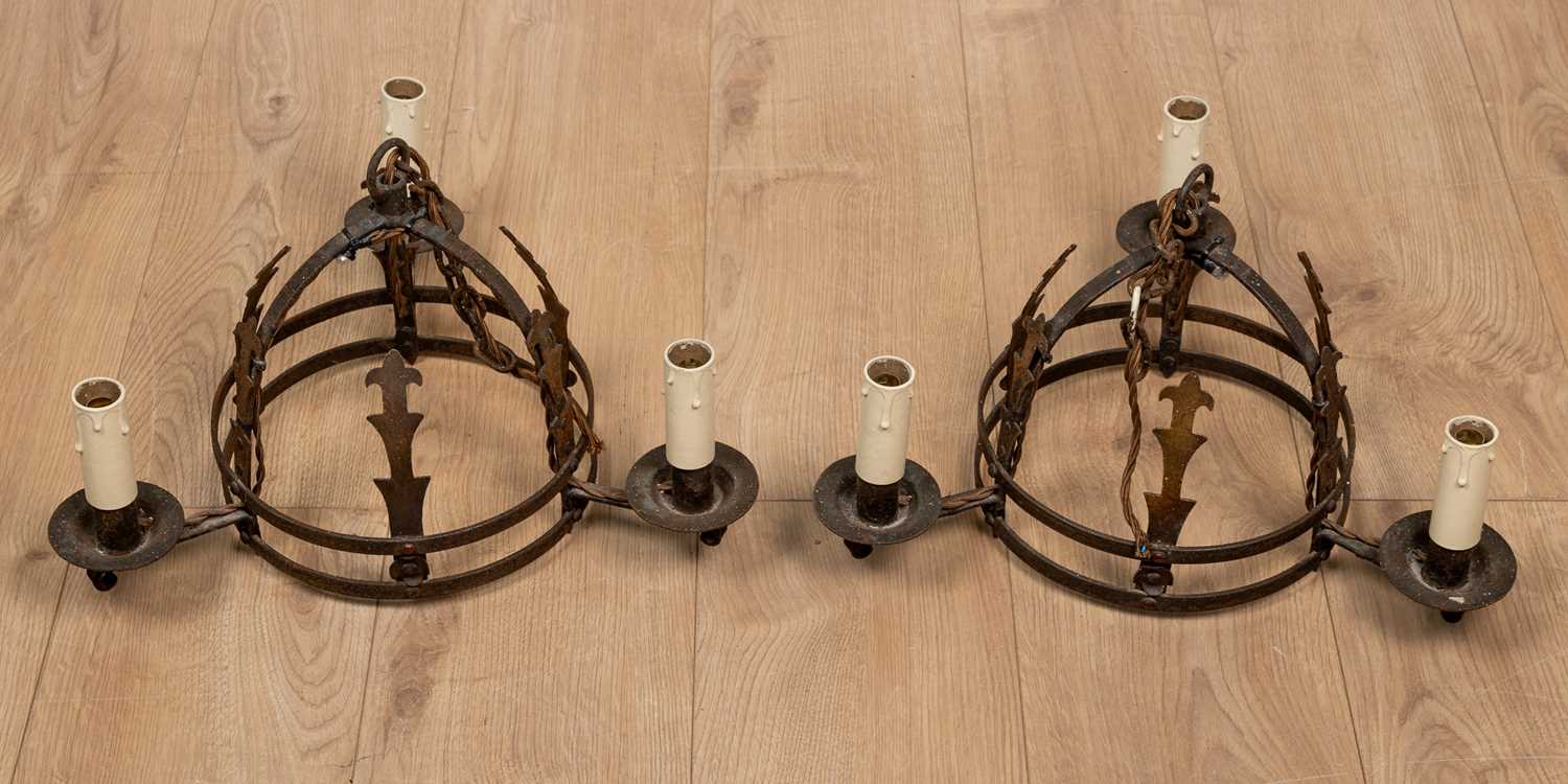 A pair of old wrought iron hanging light fittings, each with three branches and each approximately - Image 2 of 3