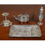 A silver dressing table tray, 29.2cm wide, a castor, a sweet meat dish on stand, and a silver