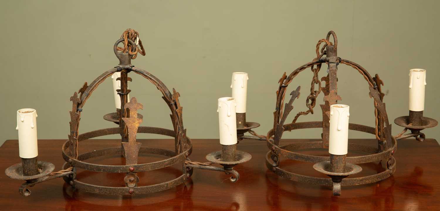 A pair of old wrought iron hanging light fittings, each with three branches and each approximately - Image 3 of 3