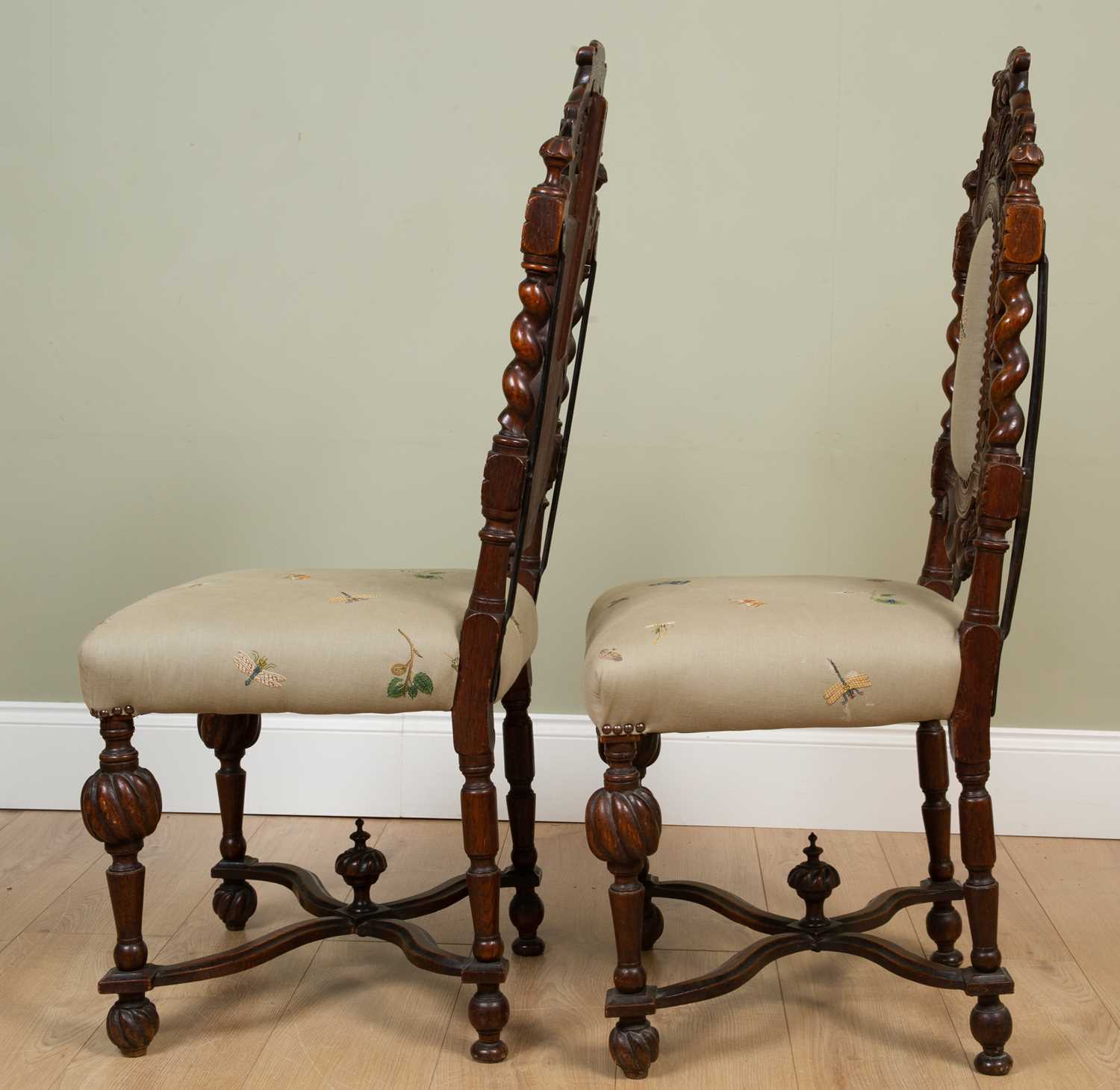 A pair of 19th century oak side chairs with carved decoration and upholstered backs and seats, - Image 6 of 9