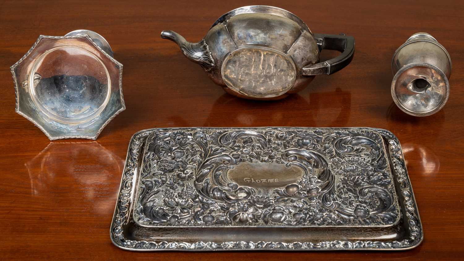 A silver dressing table tray, 29.2cm wide, a castor, a sweet meat dish on stand, and a silver - Image 2 of 5